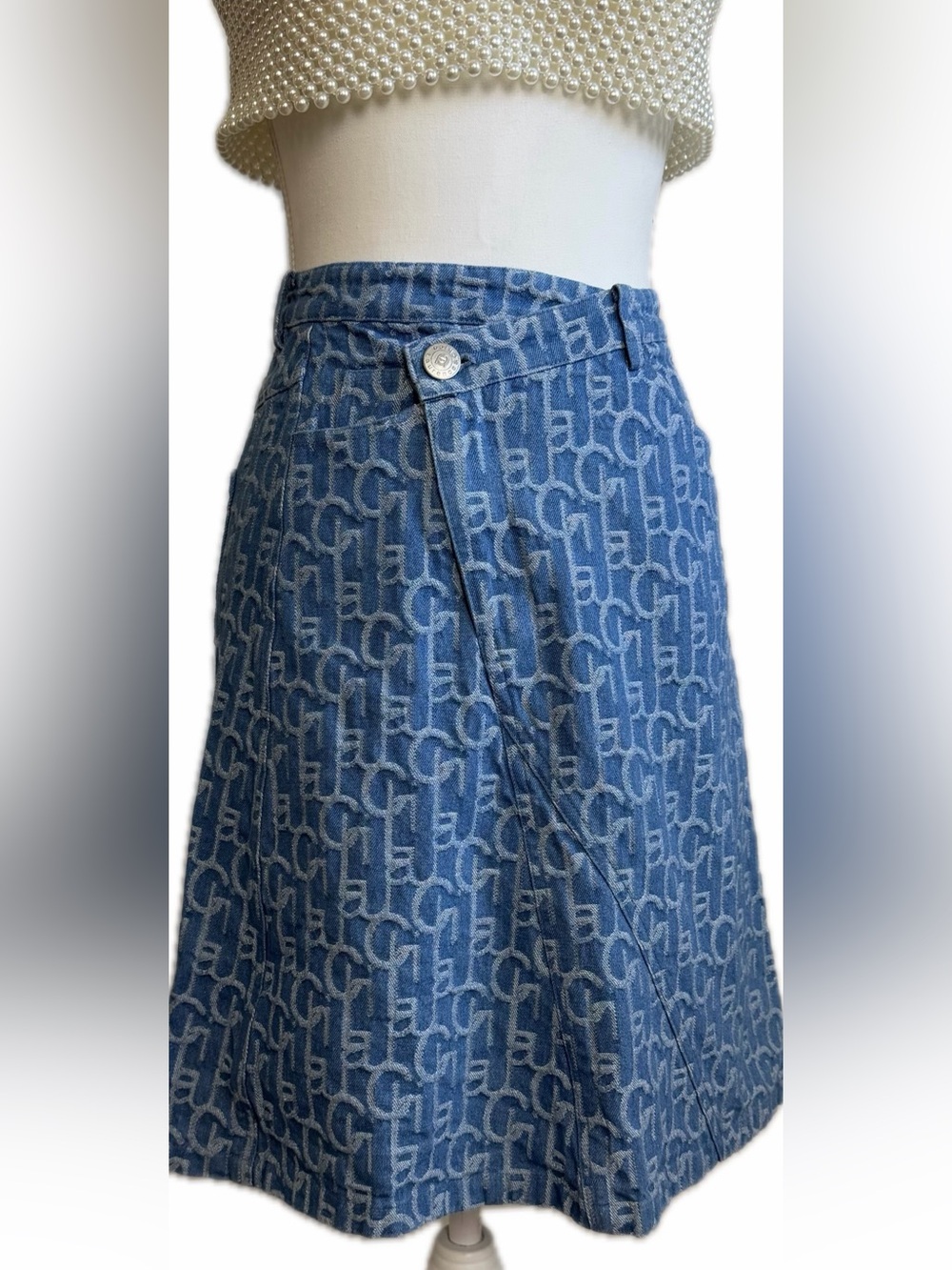 Lawrence & Chico Monogram Denim Wrap Mini Skirt Blue Jacquard Y2K Size S